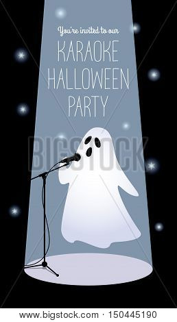 Invitation to karaoke Halloween party. Vector illustration of a cartoon ghost in a spotlight singing into a microphone. Long vertical format black background white text.