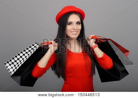 Happy Fashionable Woman Wearing Red Dress Holding Shopping Bags