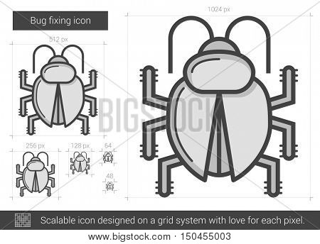Bug fixing vector line icon isolated on white background. Bug fixing line icon for infographic, website or app. Scalable icon designed on a grid system.