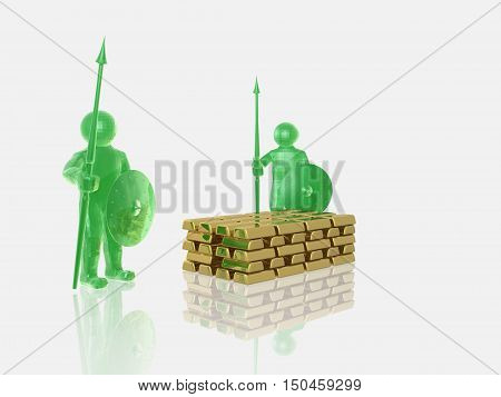 Green armed mans with gold on white background 3D illustration.