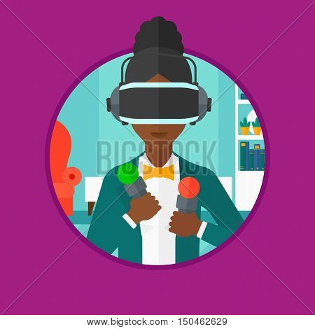 African-american woman wearing virtual reality headset and holding motion controllers in hands. Woman playing video games at home. Vector flat design illustration in the circle isolated on background.