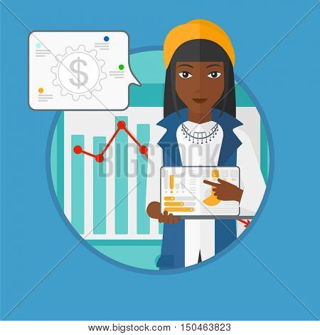 An african-american business woman giving business presentation on laptop. Business woman pointing at the charts on laptop screen. Vector flat design illustration in the circle isolated on background.
