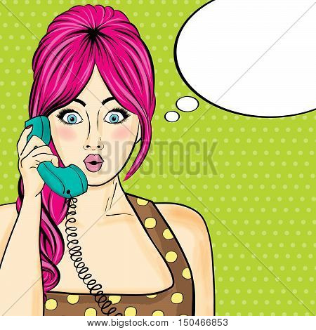 Pop Art  Woman Chatting On Retro Phone . Comic Woman With Speech Bubble