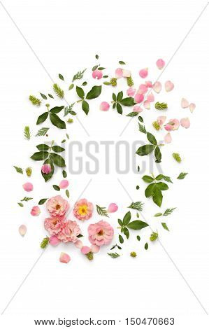Flat nature floral round frame on white background top view. Ornament with rose flowers petals succulent plants and green leaves.