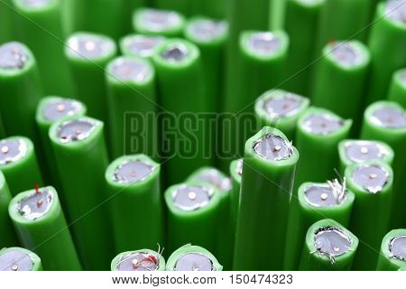 Group of green coaxial tv cables closeup