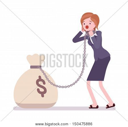 Businesswoman chained with a giant heavy money sack. Cartoon vector flat-style concept illustration