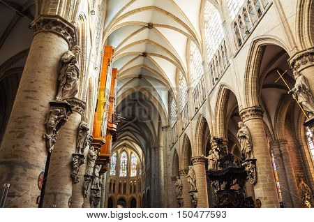 BRUSSELS BELGIUM - MARCH 4 2014: Inside The Cathedral of St. Michael and St. Gudula. Interior is designed in gothic style