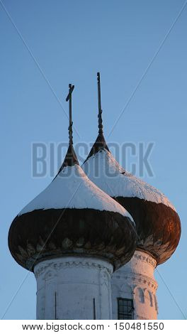 Domes of ancient orthodox cathedral, Russia, Kargopol
