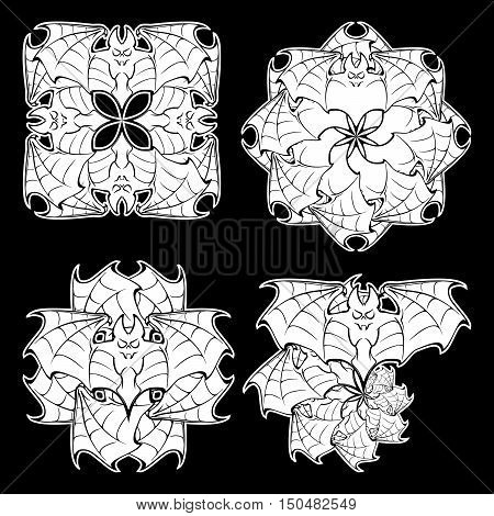 Intricate stylized circular ornament with bats for Halloween. Freehand sketch for adult coloring page. Tattoo design. Ornamental artistic drawing for t-shirt print EPS10 vector illustration.