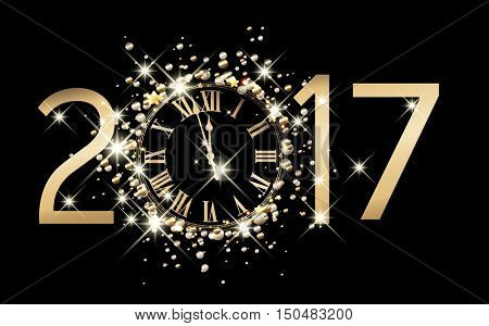 2017 new year black background with clock. Vector illustration.