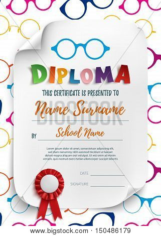 Diploma template for kids, school, preschool, playschool, certificate background wit colorful reading glasses. Vector illustration.