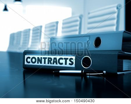 Contracts - Business Concept on Blurred Background. Contracts. Business Illustration on Toned Background. Contracts - Folder on Wooden Working Desk. 3D Render.
