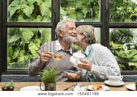 Senior Couple Afternoon Tea Drinking Relax Concept