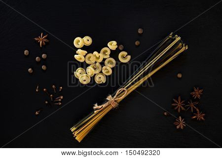 Traditional And Black Uncooked Italian Pasta Linguine, Italian Pasta Cappelletti