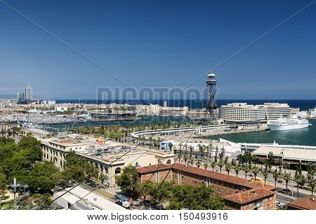 BARCELONA, SPAIN - JULY 12, 2016: Barcelona (Catalunya Spain): panoramic view from the hill of Montjuic (Montjuich) of the Mediterranean Sea and the port