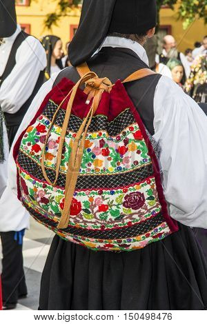 SELARGIUS, ITALY - September 8, 2013: Former marriage Selargino - Sardinia - detail of a traditional Sardinian costumes