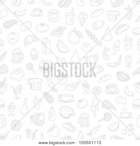 Different food doodles seamless background. Lineart hand-drawn elements 