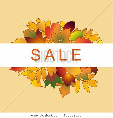 Vector illustration isolated autumn concept foliage sale banner. The inscription is surrounded by yellow leaf