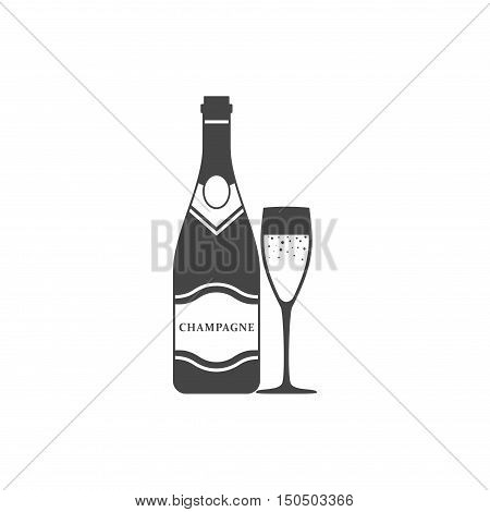 Champagne bottle and champagne glass icon vector isolated on white background. Alcohol celebration wine champagne bottle. Holiday gold glass new year party beverage champagne romantic drink bottle.