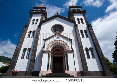 Tower of St. Sebastian church (Igreja Matriz de Sao Sebastiao) in Ponta Delgada San Miguel the Autonomous Region of the Azores Portugal.