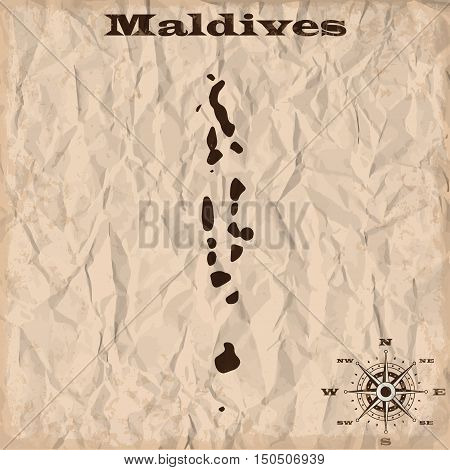 Maldives old map with grunge and crumpled paper. Vector illustration
