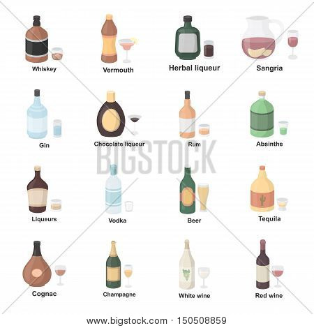 Alcohol icons set. Big collection of elite and simple alcohol icons. Drink symbol for alcohol menu icons. Different glass bottle with alcohol drink in cartoon design - stock vector