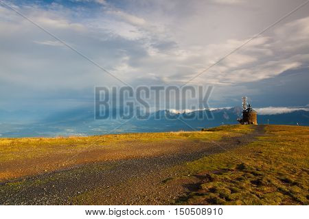 Beautiful view on the Slovenia mountains Gerlitzen Alps Austria.Communications station.