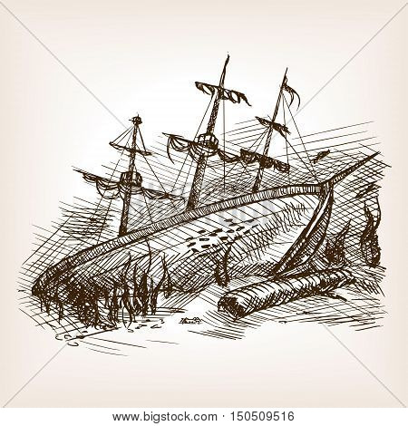 Wrecked ancient sailing ship sketch style vector illustration. Old hand drawn engraving imitation.