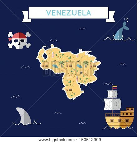 Flat Treasure Map Of Venezuela, Bolivarian Republic Of. Colorful Cartoon With Icons Of Ship, Jolly R