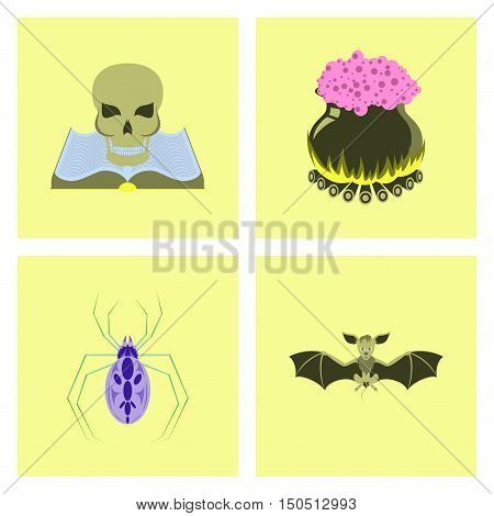 assembly of flat illustration book skull potion cauldron spider bat