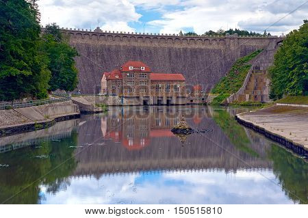 Hydroelectric power plant and dam on Bobr River in Pilchowice Bobr Valley Landscape Park Poland.