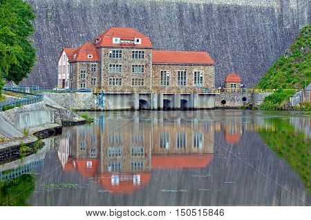 Hydroelectric power plant and dam on Bobr River in Pilchowice Bobr Valley Landscape Park Poland.