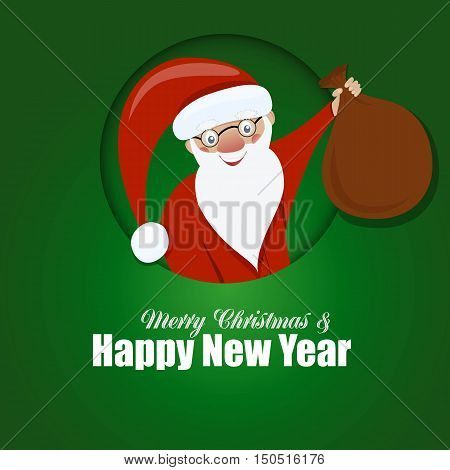 Funny santa with presents. Christmas greeting card background poster. Vector illustration. Merry christmas and Happy new year