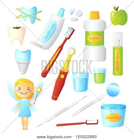 Flat dentist set for dental care hygiene and healthy teeth with tooth fairy and equipment isolated on white background vector illustration
