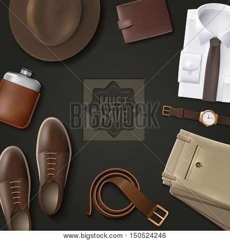Men wear must have concept with leather belt and hat on dark background cartoon isolated vector illustration