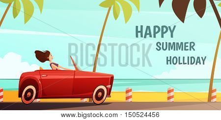 Summer holiday tropical island vacation vintage poster with girl driving retro red cabrio automobile cartoon vector illustration