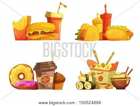 Fast food restaurant meals menu 4 samples square composition with taco and sushi cartoon retro isolated vector illustration