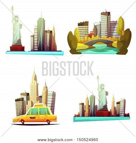 New york downtown 2x2 cartoon compositions with skylines statue of liberty yellow cab central park elements flat vector illustration