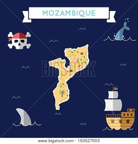 Flat Treasure Map Of Mozambique. Colorful Cartoon With Icons Of Ship, Jolly Roger, Treasure Chest An