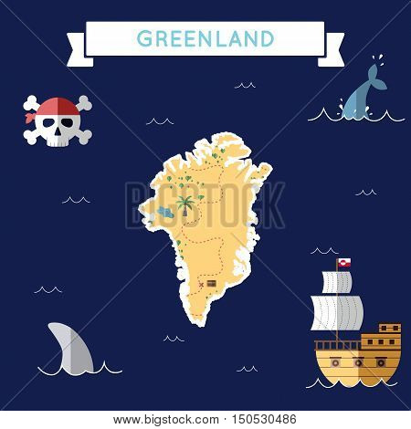 Flat Treasure Map Of Greenland. Colorful Cartoon With Icons Of Ship, Jolly Roger, Treasure Chest And