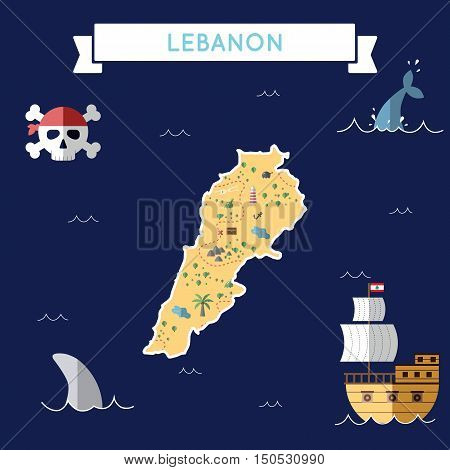 Flat Treasure Map Of Lebanon. Colorful Cartoon With Icons Of Ship, Jolly Roger, Treasure Chest And B