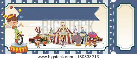 Ticket with cartoon characters in front of retro circus. Vintage carnival background with children.