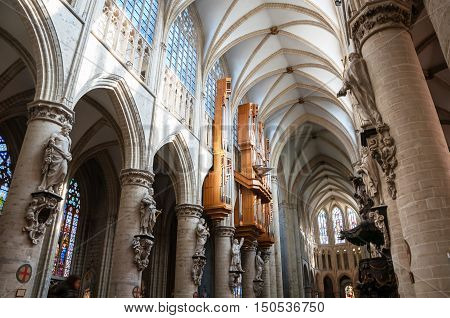 BRUSSELS BELGIUM - MARCH 4 2014: Inside The Cathedral of St. Michael and St. Gudula. Interior is designed in gothic style