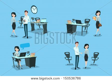 Business Woman Working Day Set Office Desk Workplace Flat Vector Illustration