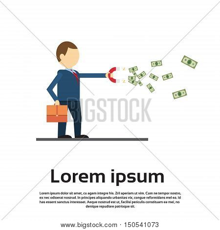 Rich Successful Business Man With Magnet Pulling Money Flat Vector Illustration