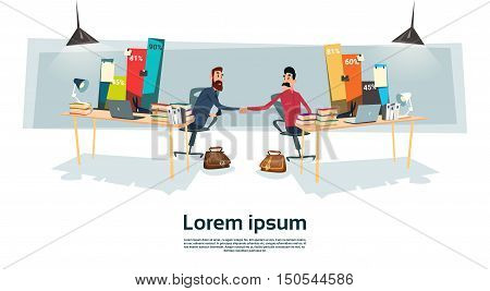 Two Business Man Sitting Desk With Statistic Data Finance Graph Hand Shake Agreement Flat Vector Illustration