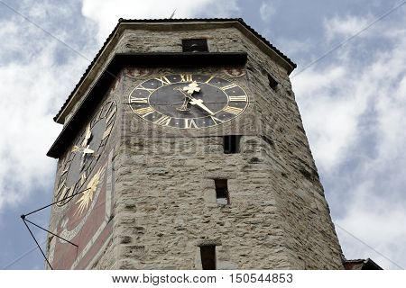 RAPPERSWIL SWITZERLAND - MAY 10 2016: Built of stone the Clock Tower is shown up close. It is a part of the Castle that was built in the early 13th century