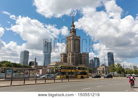 WARSAW POLAND - JUNE 11 2016: Palace of Culture and Science the tallest building in Poland with an overall height of 237 meters. It is a home to many companies and public institutions