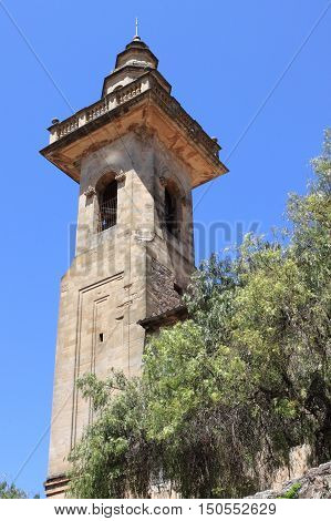 Belfry of St. Bartholomew church in Valldemossa. Majorca island Spain