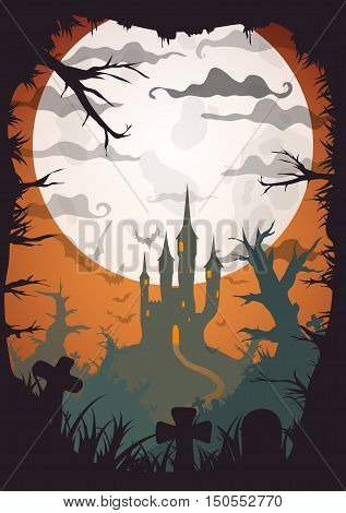 Halloween orange old movie style poster castle at night with full moon vertical a3, a4, a5 format size. Vector background